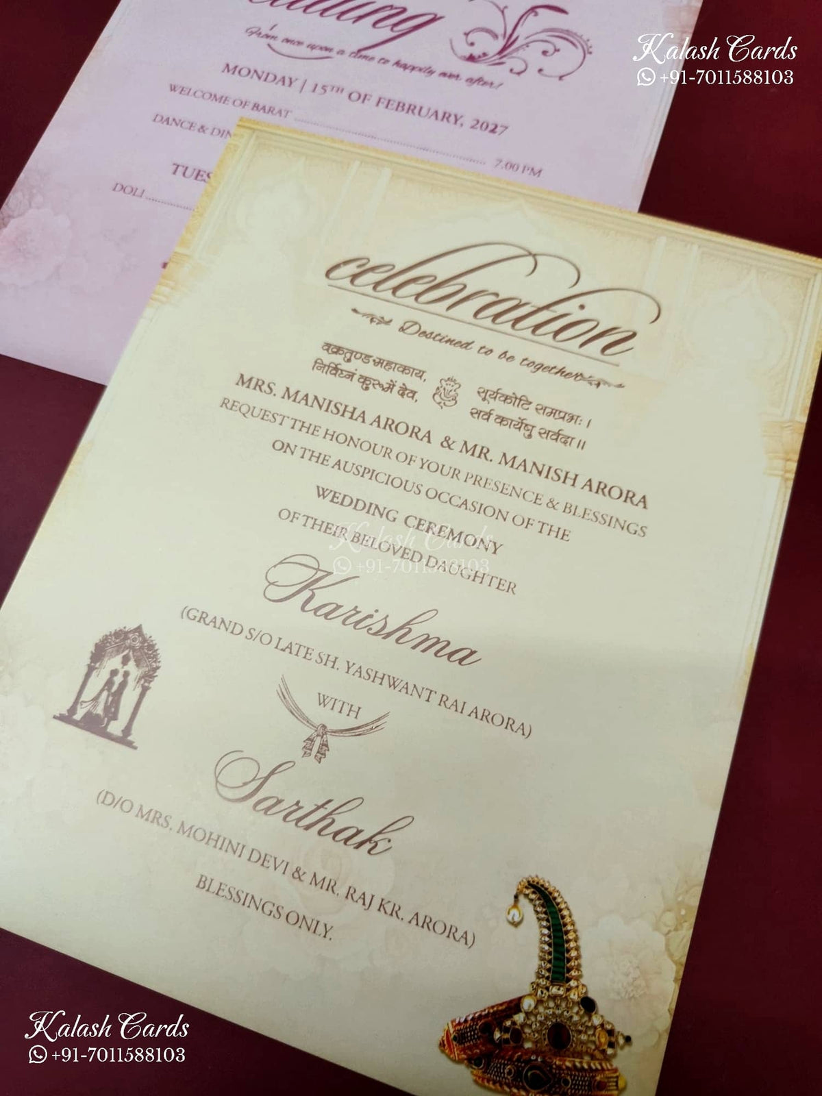 KLB-1264 Creme Blue Bride Groom Padded Thick Wedding Card (2 Page & Couple Name Wooden Plate)