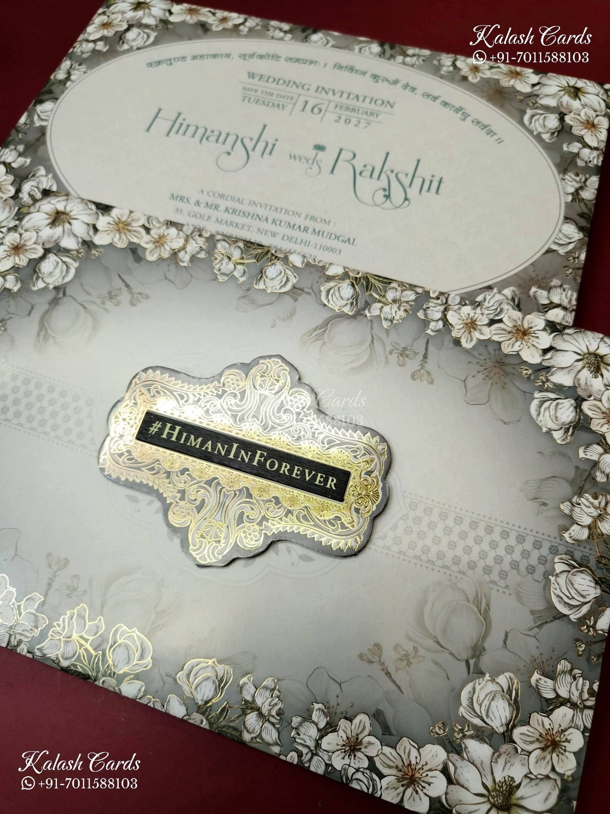 KLB-1265 Grey Floral Padded Thick Wedding Card (2 Page & Couple Initial Wooden Plate)