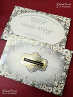 KLB-1265 Grey Floral Padded Thick Wedding Card (2 Page & Couple Initial Wooden Plate)