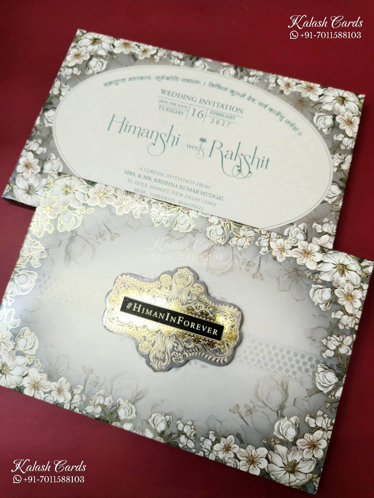 KLB-1265 Grey Floral Padded Thick Wedding Card (2 Page & Couple Initial Wooden Plate)