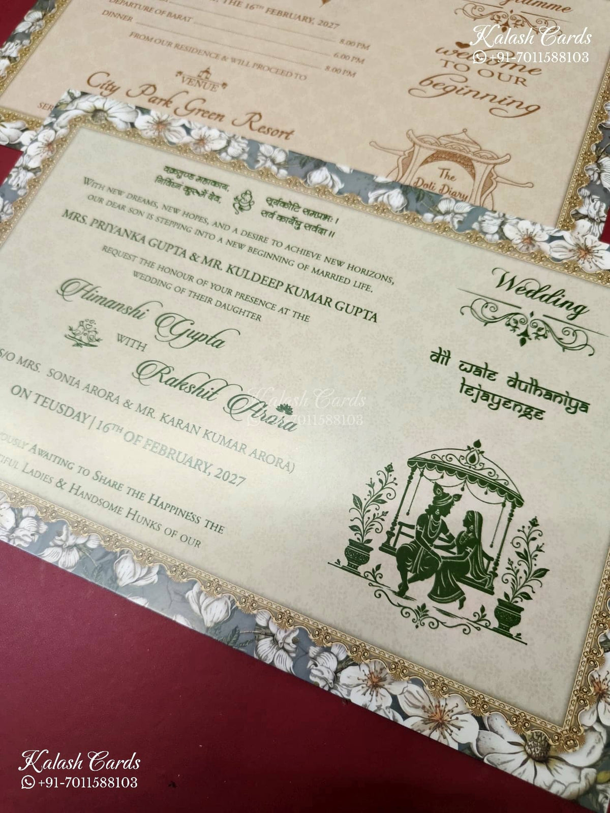 KLB-1265 Grey Floral Padded Thick Wedding Card (2 Page & Couple Initial Wooden Plate)