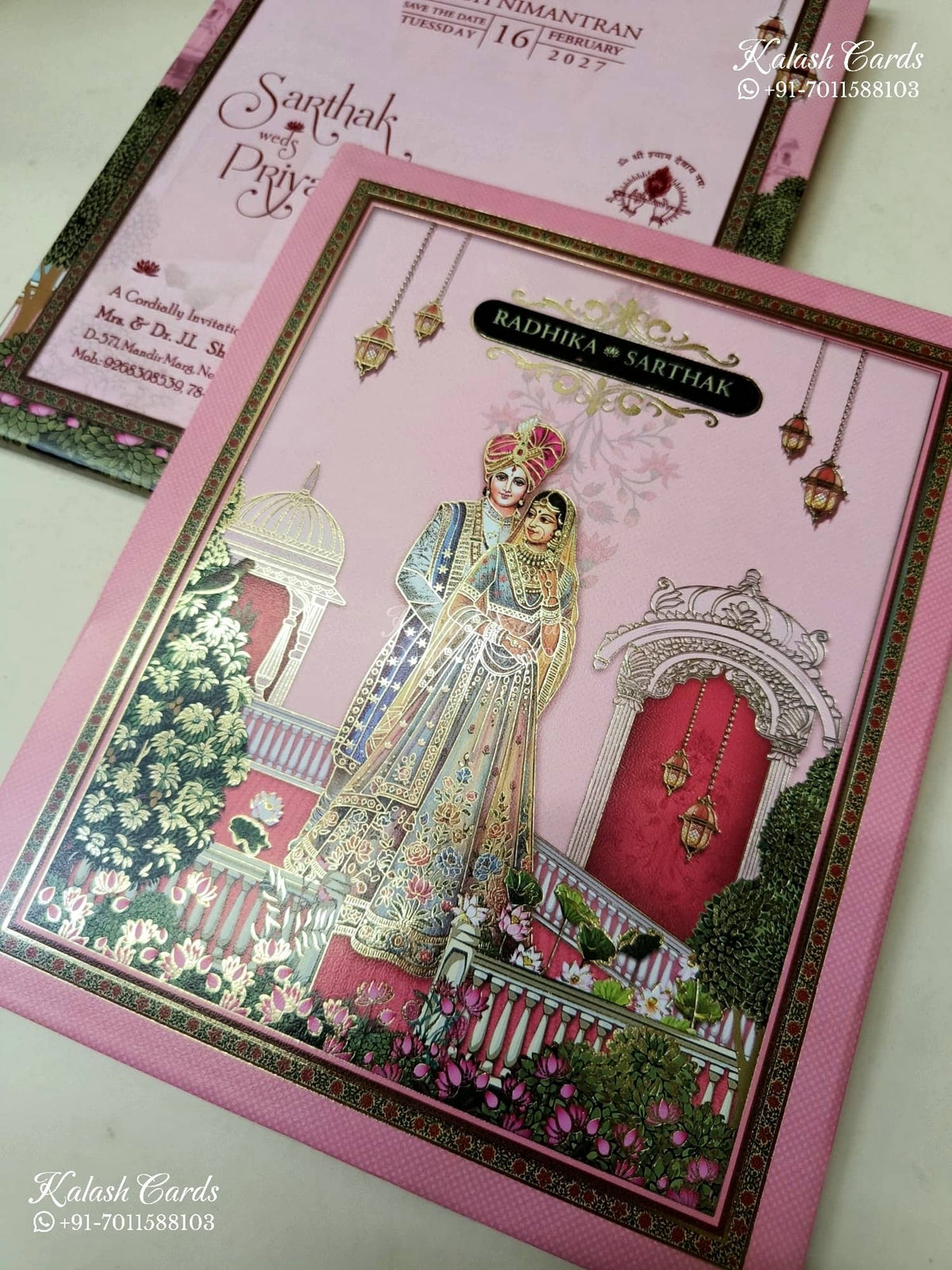 KLB-1267 Pink Bride Groom Padded Thick Wedding Card (2 Page & Couple Name Wooden Plate)
