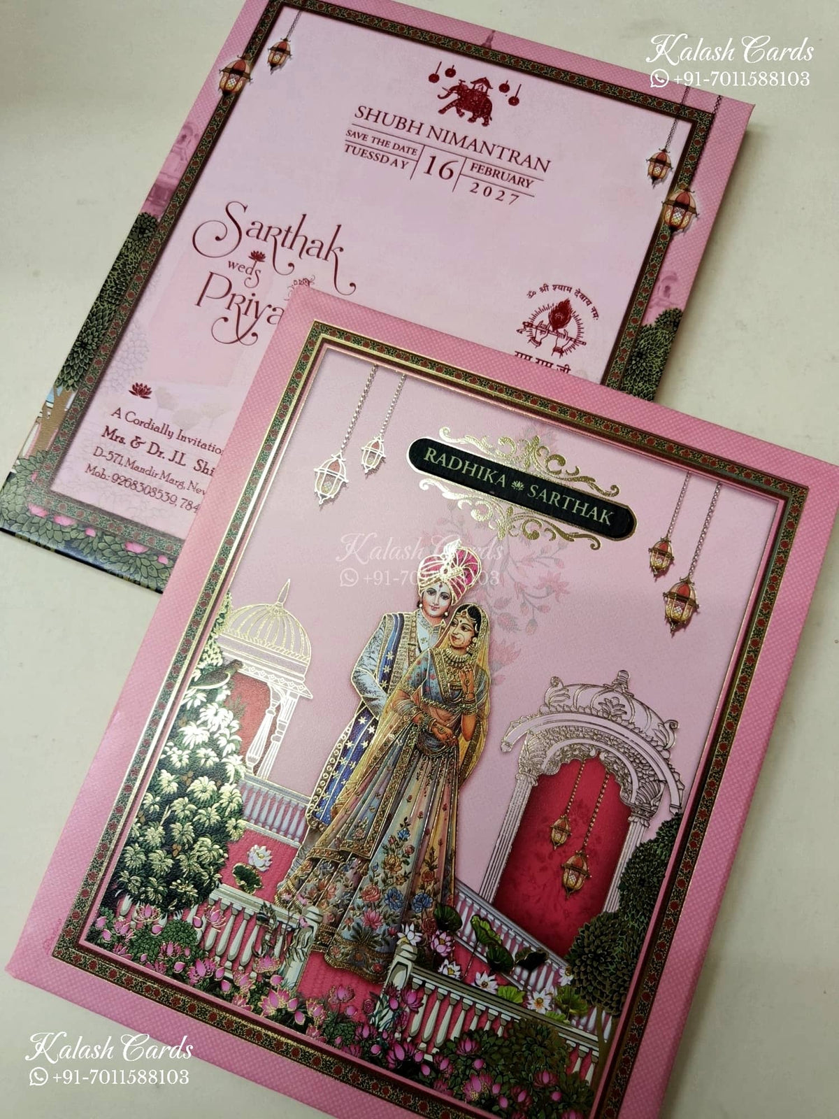 KLB-1267 Pink Bride Groom Padded Thick Wedding Card (2 Page & Couple Name Wooden Plate)