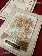 KLB-1269 Creme Brown Bride Groom Padded Thick Wedding Card (2 Page & Couple Name Wooden Plate)