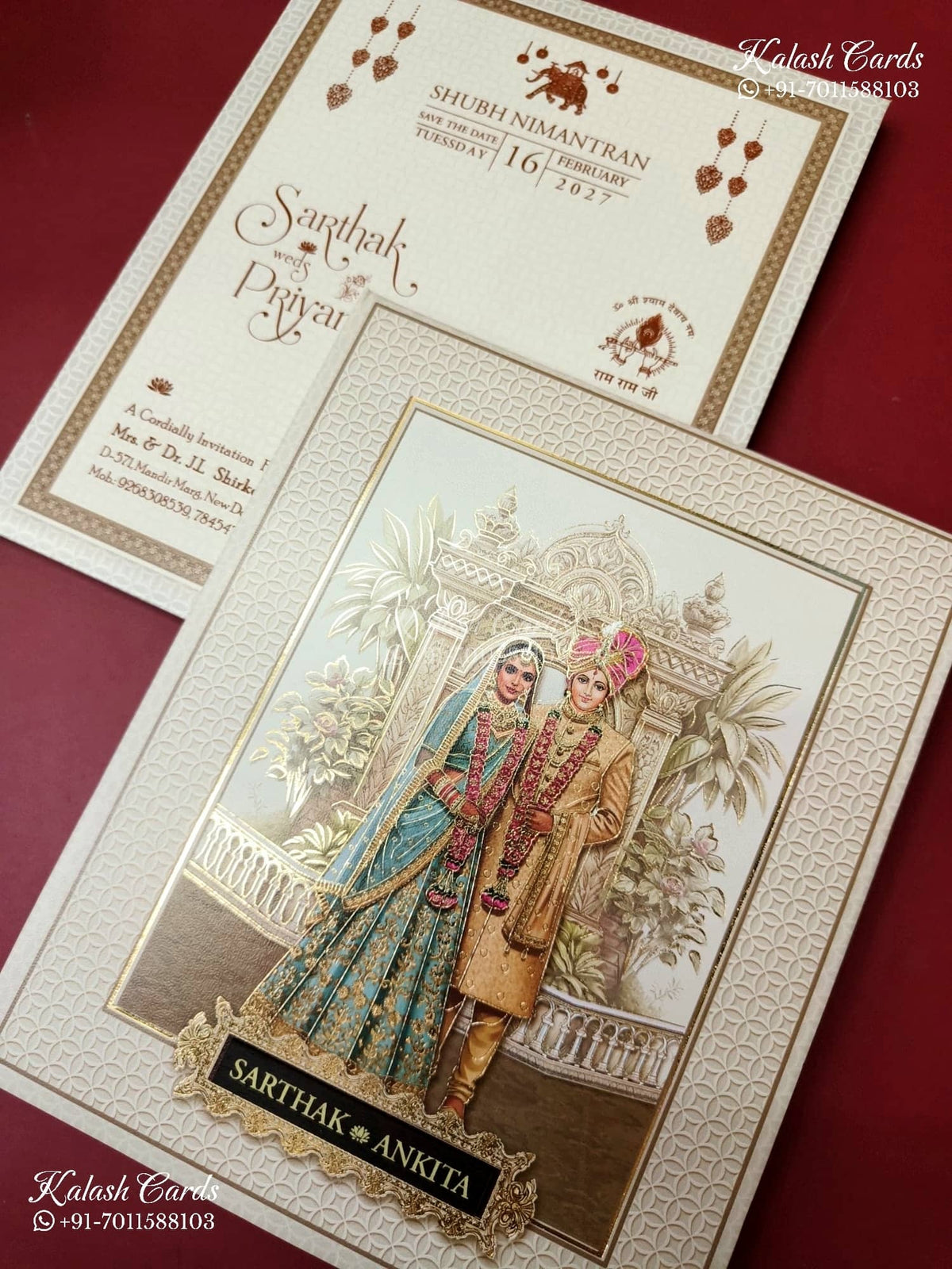KLB-1269 Creme Brown Bride Groom Padded Thick Wedding Card (2 Page & Couple Name Wooden Plate)