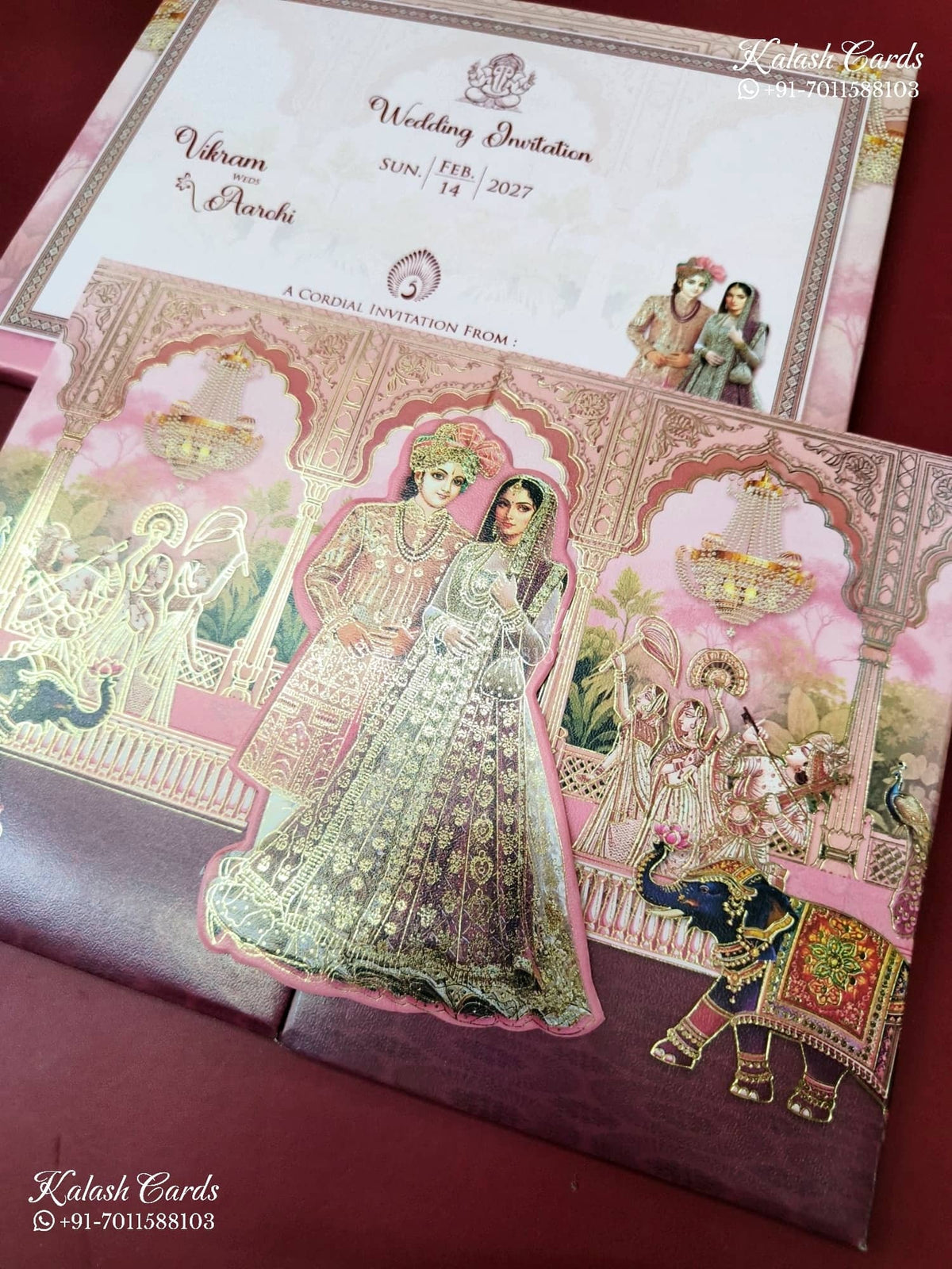 KLB-1271 Creme Pink Bride Groom Door Style Padded Thick Wedding Card (2 Page)