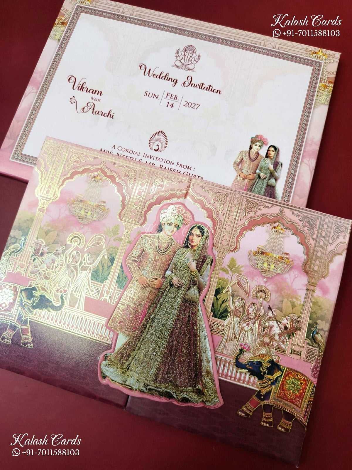 KLB-1271 Creme Pink Bride Groom Door Style Padded Thick Wedding Card (2 Page)