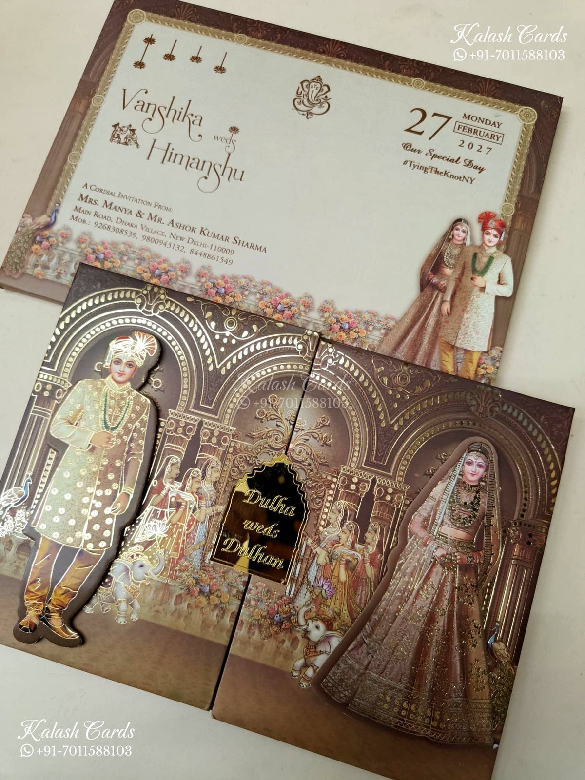 KLB-1272 Brown Bride Groom Padded Thick Wedding Card (2 Page & Couple Name Acrylic)