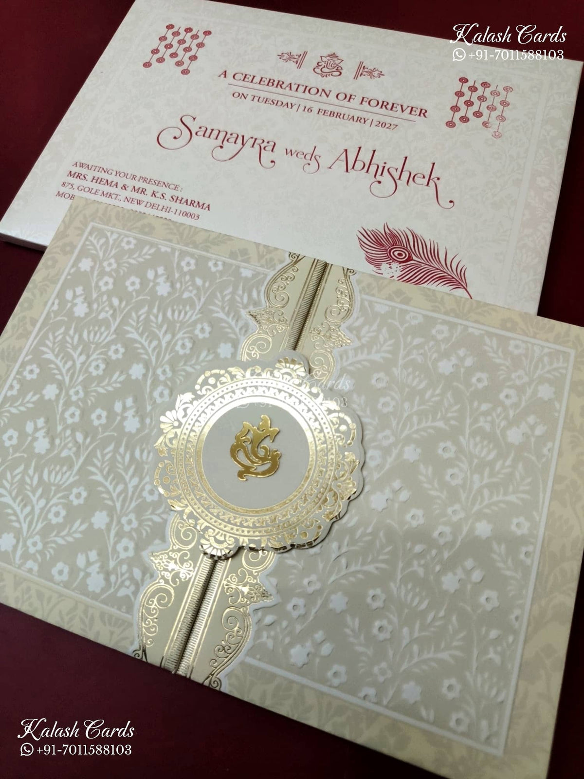 KLB-1274 White Creme Floral Door Style Embossed Padded Thick Wedding Card (2 Page)