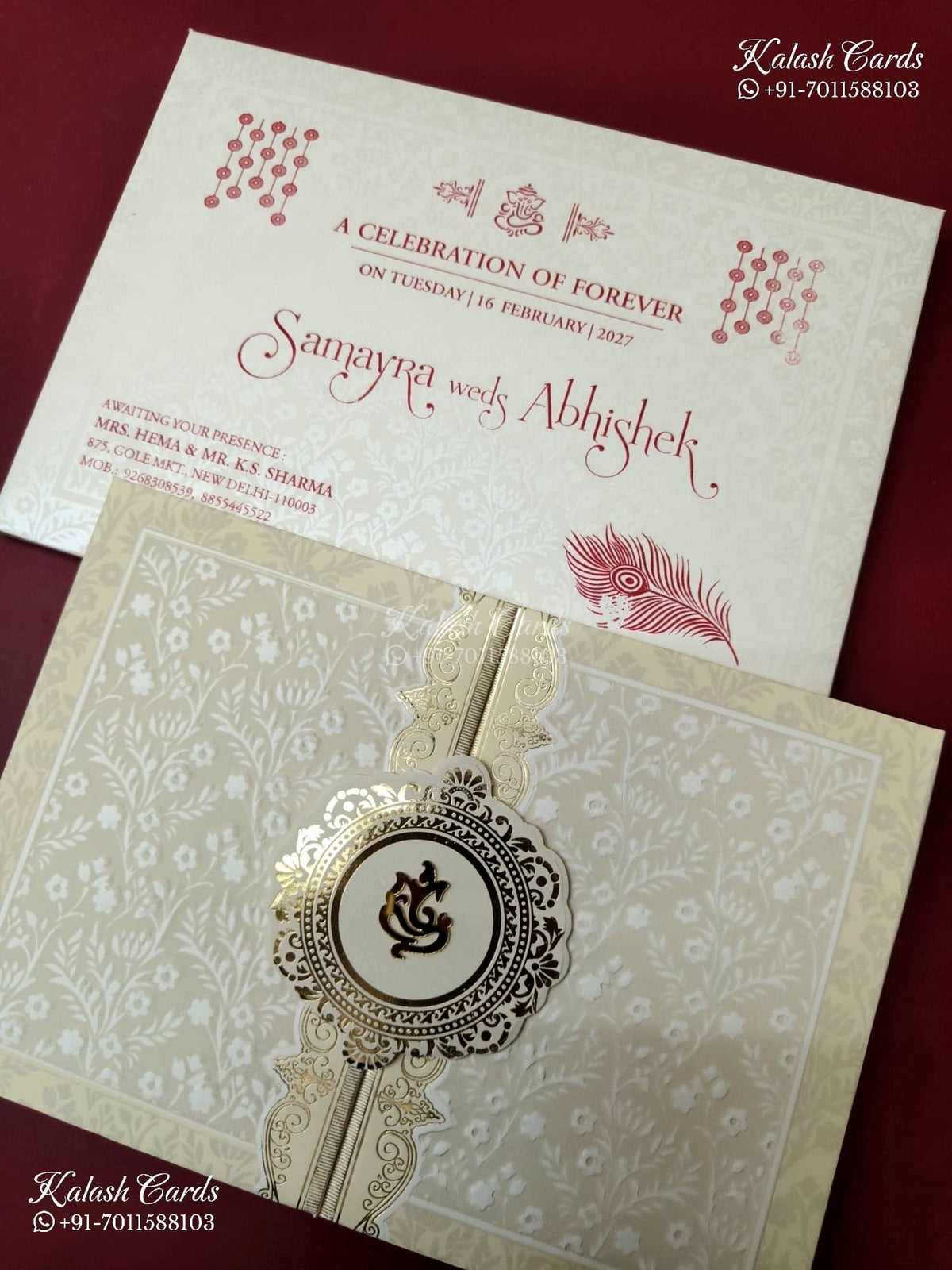 KLB-1274 White Creme Floral Door Style Embossed Padded Thick Wedding Card (2 Page)