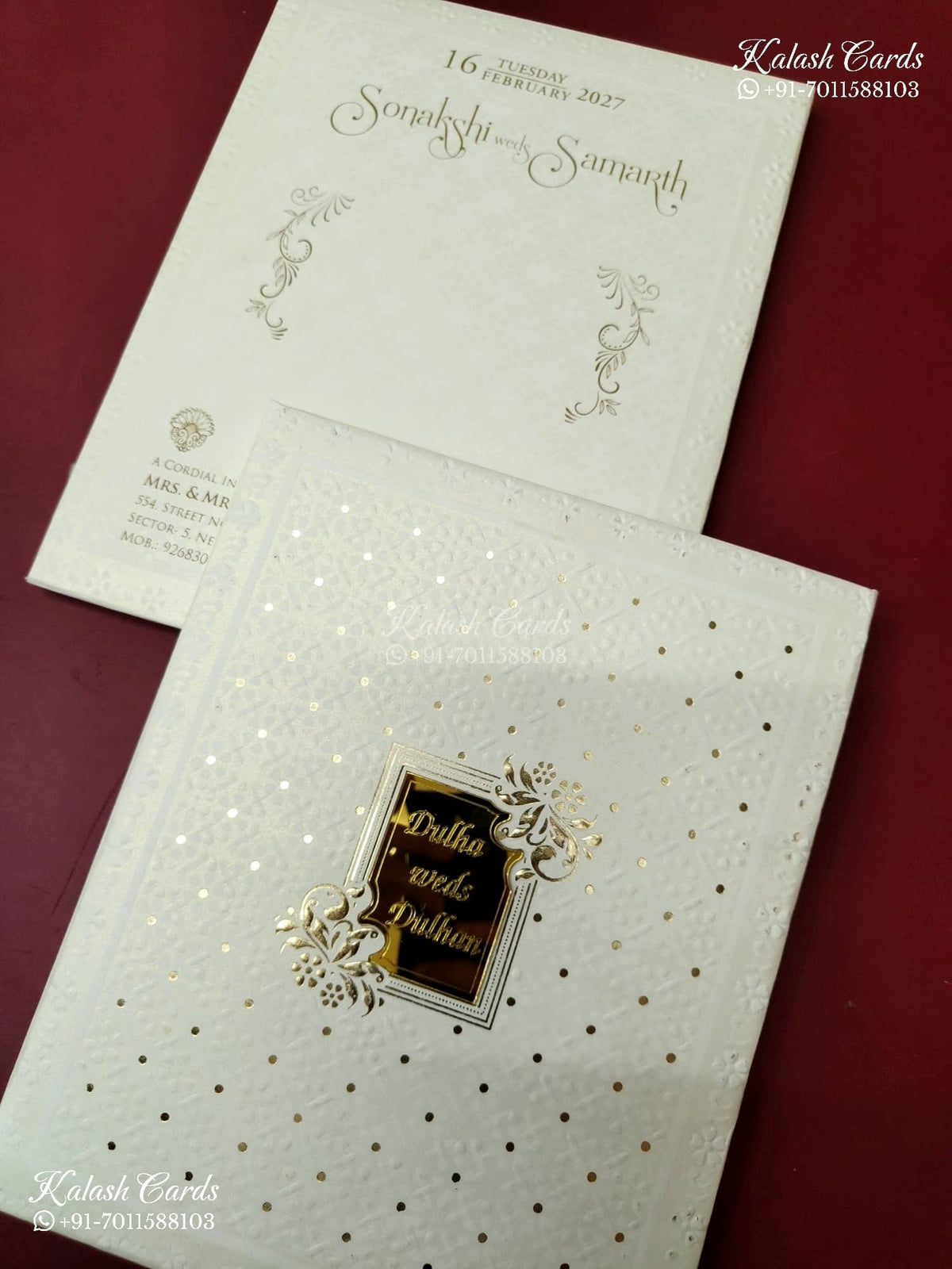 KLB-1275 White Traditional Embossed Padded Thick Wedding Card (2 Page & Couple Name Acrylic)