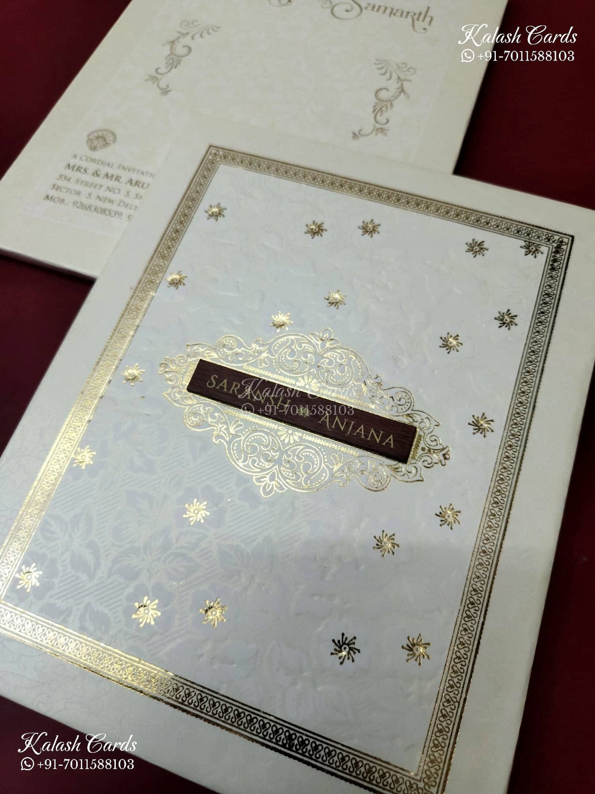 KLB-1276 White Golden Traditional Embossed Padded Thick Wedding Card (2 Page & Couple Name Wooden Plate)