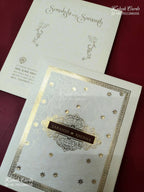 KLB-1276 White Golden Traditional Embossed Padded Thick Wedding Card (2 Page & Couple Name Wooden Plate)