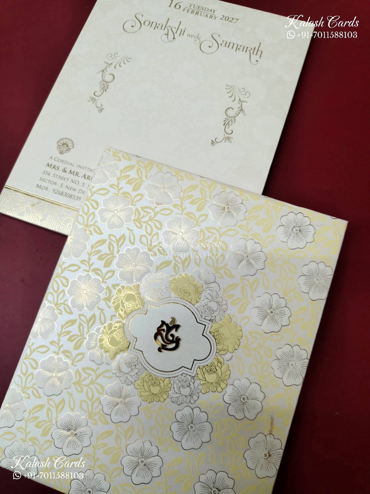 KLB-1277 White Creme Floral Embossed Padded Thick Wedding Card (2 Page)