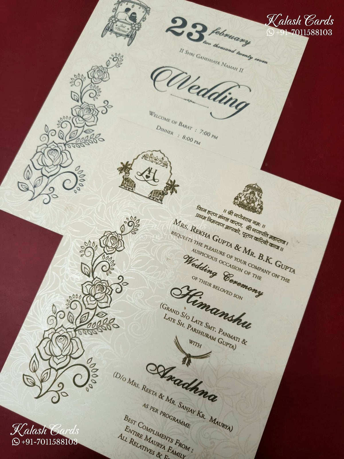 KLB-1279 White Creme Floral Embossed Padded Thick Wedding Card (2 Page)