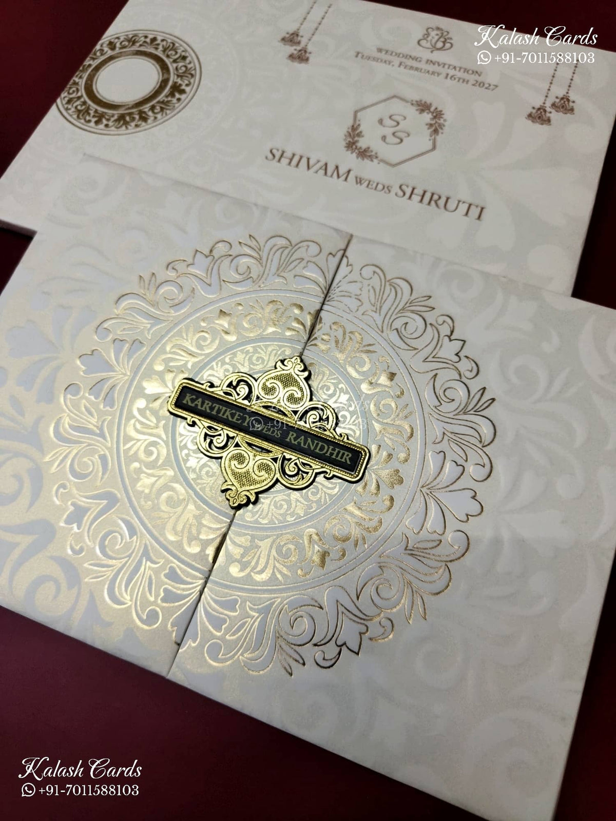 KLB-1281 White Traditional Door Style Embossed Padded Thick Wedding Card (2 Page & Couple Name Wooden Plate)