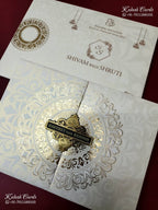 KLB-1281 White Traditional Door Style Embossed Padded Thick Wedding Card (2 Page & Couple Name Wooden Plate)