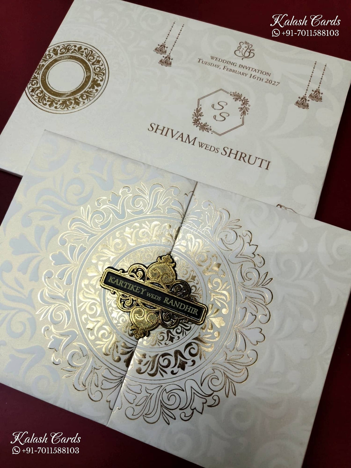 KLB-1281 White Traditional Door Style Embossed Padded Thick Wedding Card (2 Page & Couple Name Wooden Plate)