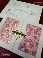 KLB-1283 White Pink Floral Door Style Embossed Padded Thick Wedding Card (2 Page & Couple Name Wooden Plate)
