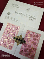 KLB-1283 White Pink Floral Door Style Embossed Padded Thick Wedding Card (2 Page & Couple Name Wooden Plate)