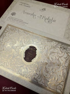 KLB-1285 White Floral Embossed Padded Thick Wedding Card (2 Page & Couple Name Wooden Plate)