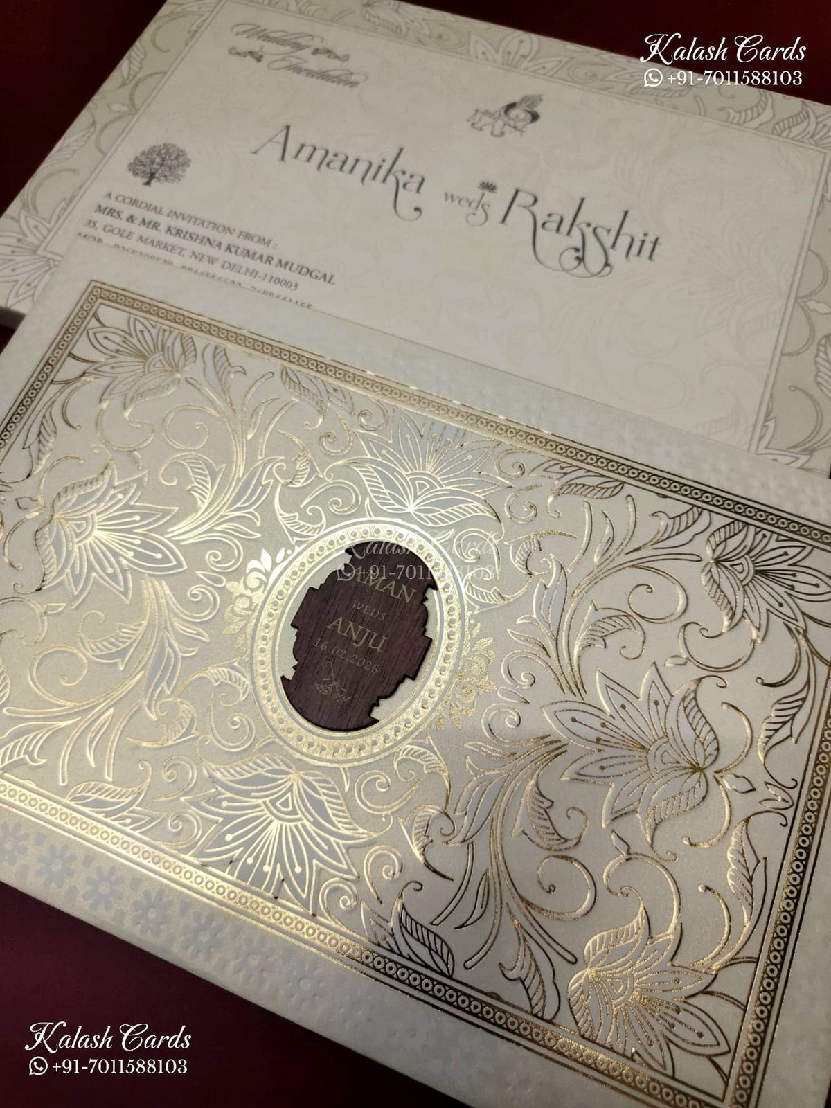 KLB-1285 White Floral Embossed Padded Thick Wedding Card (2 Page & Couple Name Wooden Plate)