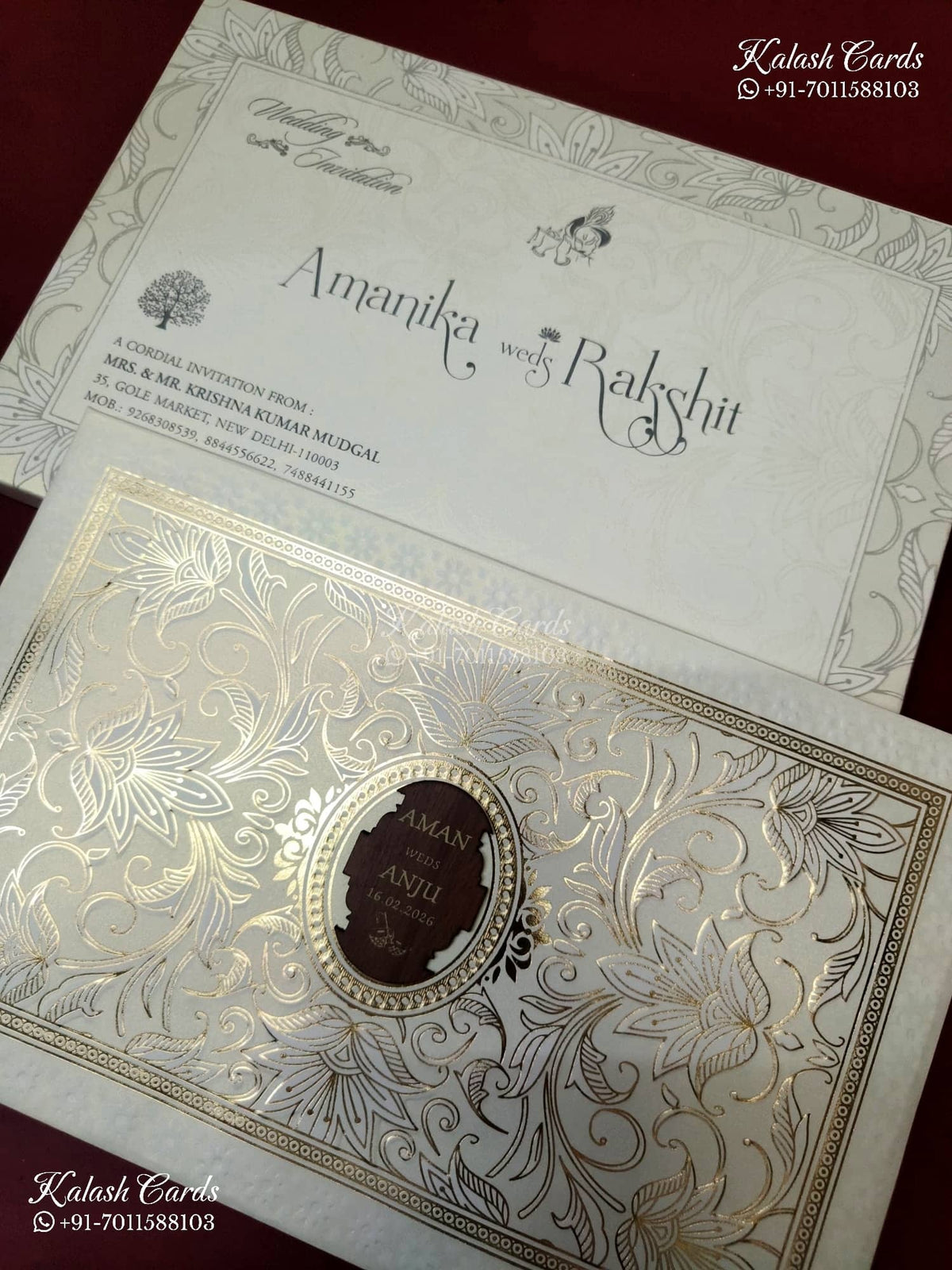 KLB-1285 White Floral Embossed Padded Thick Wedding Card (2 Page & Couple Name Wooden Plate)