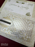 KLB-1286 White Creme Floral Embossed Padded Thick Wedding Card (2 Page & Couple Name Wooden Plate)