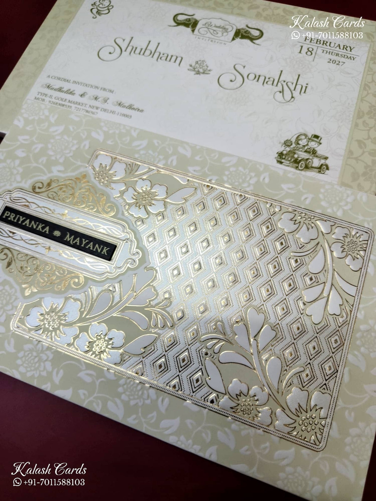 KLB-1286 White Creme Floral Embossed Padded Thick Wedding Card (2 Page & Couple Name Wooden Plate)