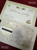 KLB-1286 White Creme Floral Embossed Padded Thick Wedding Card (2 Page & Couple Name Wooden Plate)