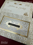 KLB-1287 White Creme Floral Embossed Padded Thick Wedding Card (2 Page & Couple Name Wooden Plate)