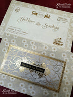 KLB-1287 White Creme Floral Embossed Padded Thick Wedding Card (2 Page & Couple Name Wooden Plate)