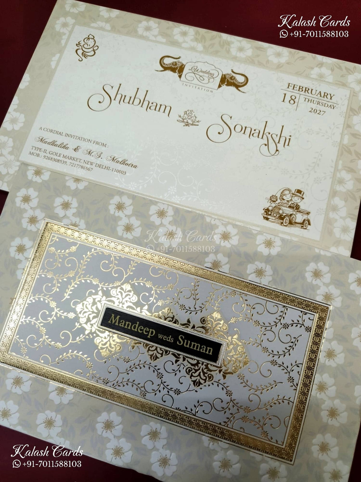KLB-1287 White Creme Floral Embossed Padded Thick Wedding Card (2 Page & Couple Name Wooden Plate)