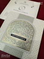 KLB-1288 White Green Traditional Embossed Padded Thick Wedding Card (2 Page & Couple Name Wooden Plate)