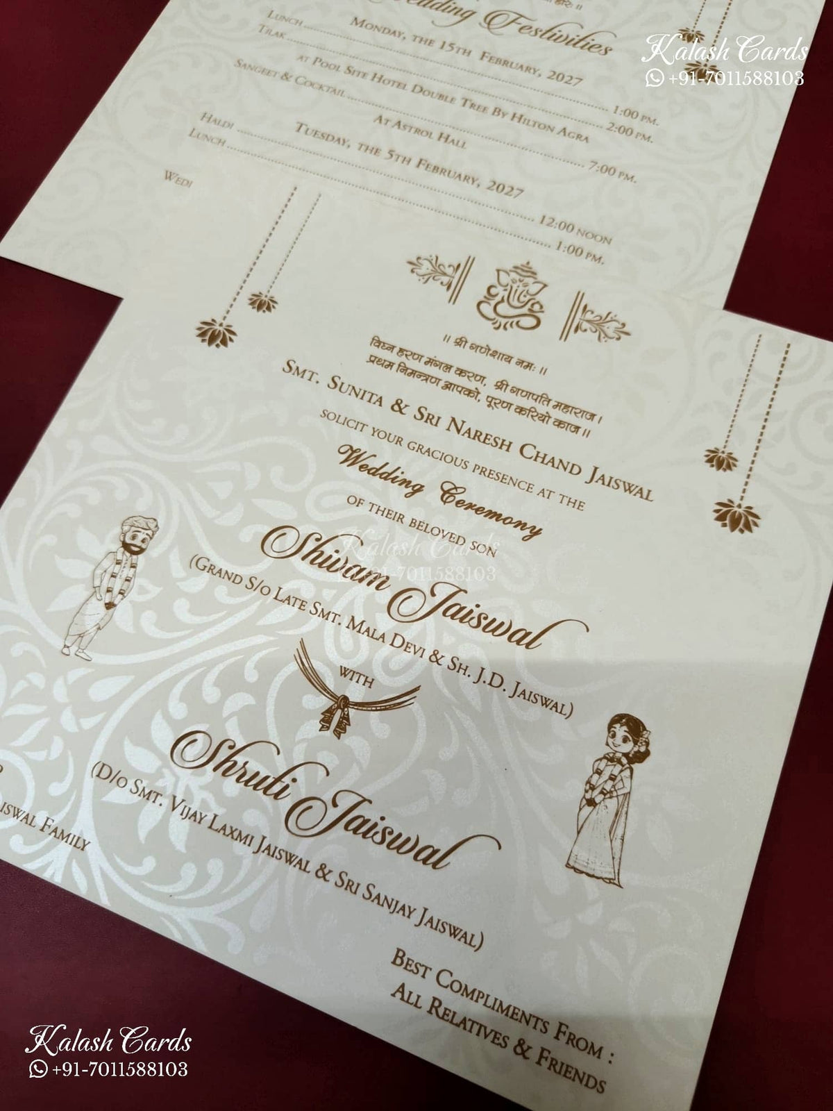 KLB-1288 White Green Traditional Embossed Padded Thick Wedding Card (2 Page & Couple Name Wooden Plate)