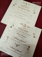 KLB-1288 White Green Traditional Embossed Padded Thick Wedding Card (2 Page & Couple Name Wooden Plate)