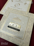 KLB-1289 White Creme Elephant Embossed Padded Thick Wedding Card (2 Page & Couple Name Wooden Plate)