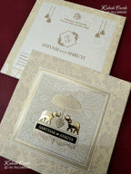 KLB-1289 White Creme Elephant Embossed Padded Thick Wedding Card (2 Page & Couple Name Wooden Plate)