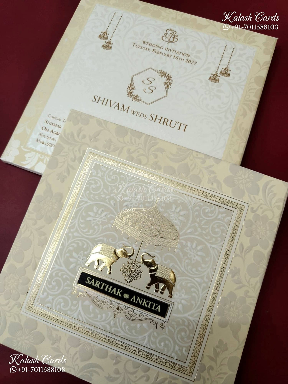 KLB-1289 White Creme Elephant Embossed Padded Thick Wedding Card (2 Page & Couple Name Wooden Plate)