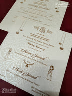 KLB-1289 White Creme Elephant Embossed Padded Thick Wedding Card (2 Page & Couple Name Wooden Plate)