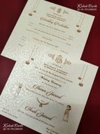 KLB-1289 White Creme Elephant Embossed Padded Thick Wedding Card (2 Page & Couple Name Wooden Plate)