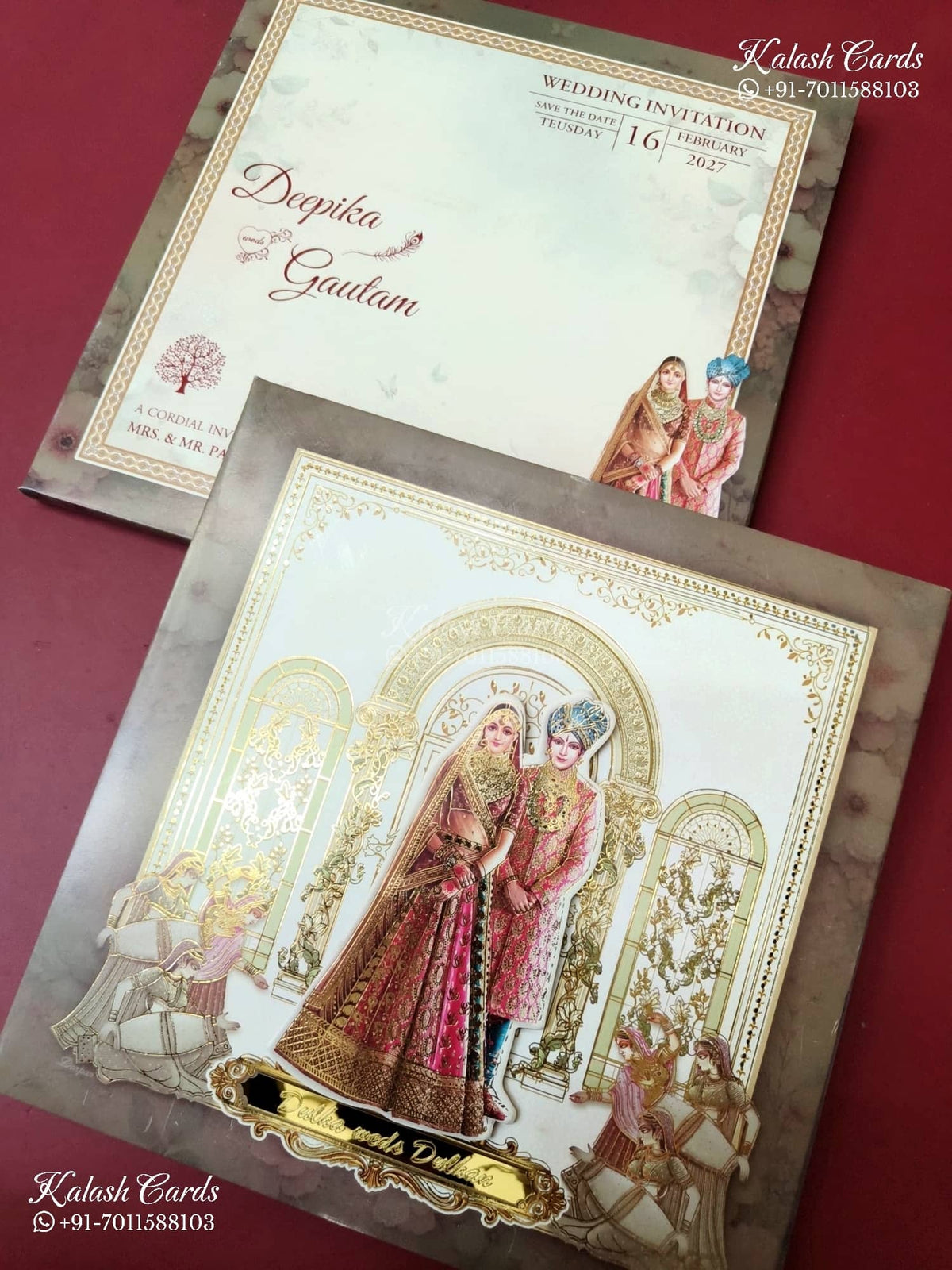 KLB-1290 Creme Brown Bride Groom Laser Cut Padded Thick Wedding Card (2 Page & Couple Name Acrylic)