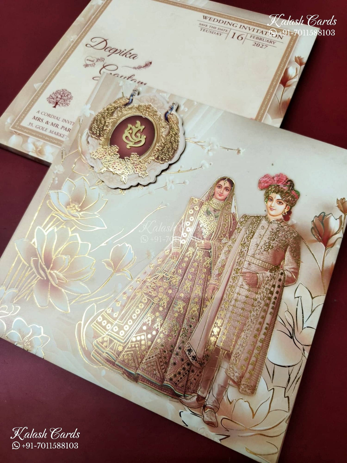 KLB-1291 Creme Bride Groom Laser Cut Padded Thick Wedding Card (2 Page)