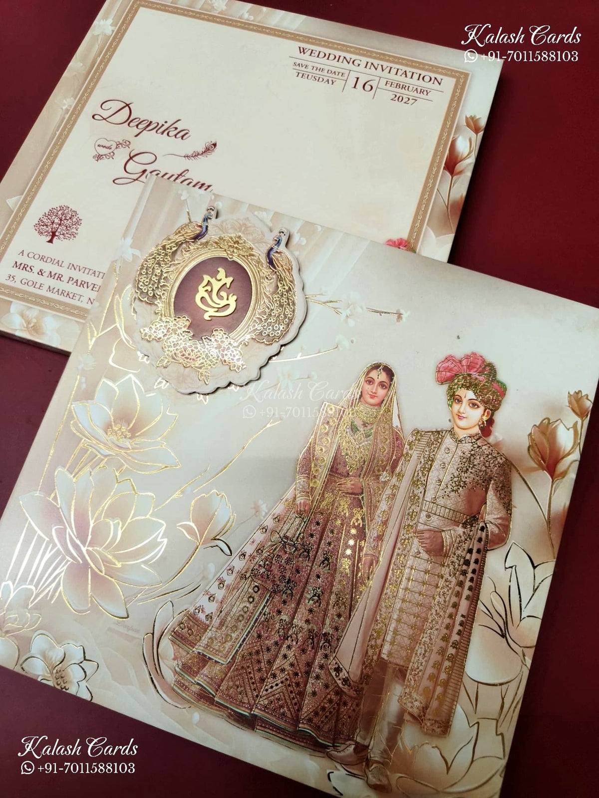 KLB-1291 Creme Bride Groom Laser Cut Padded Thick Wedding Card (2 Page)