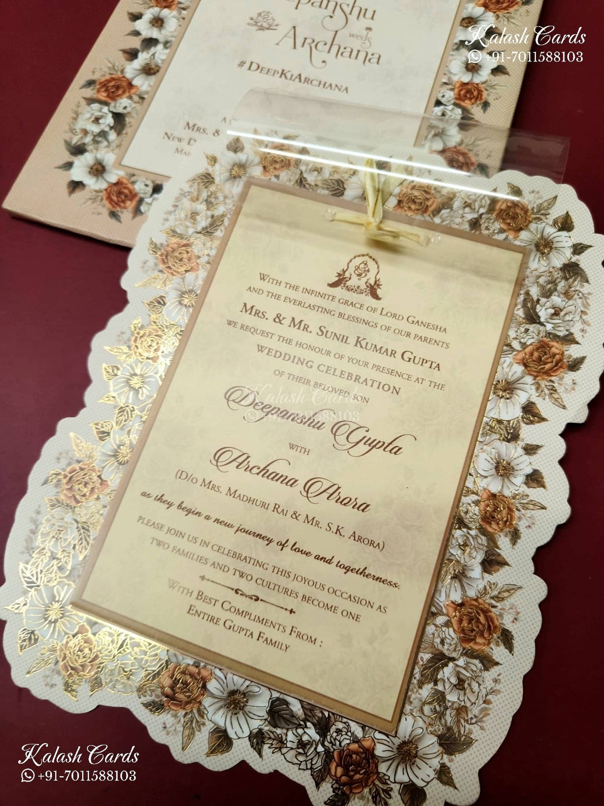 KLB-1294 White Creme Floral Semi Box Wedding Card (2 Page & Transparent PVC)-Kalash Cards