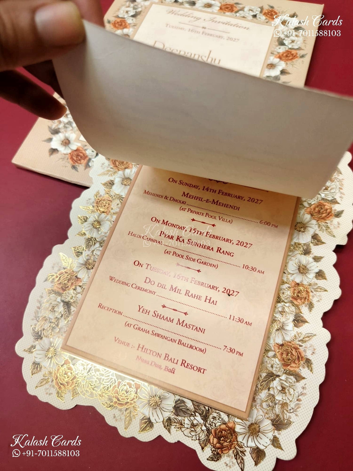 KLB-1294 White Creme Floral Semi Box Wedding Card (2 Page & Transparent PVC)-Kalash Cards