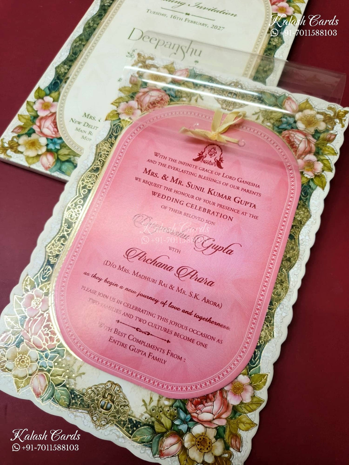 KLB-1295 White Pink Floral Semi Box Wedding Card (2 Page & Transparent PVC)-Kalash Cards