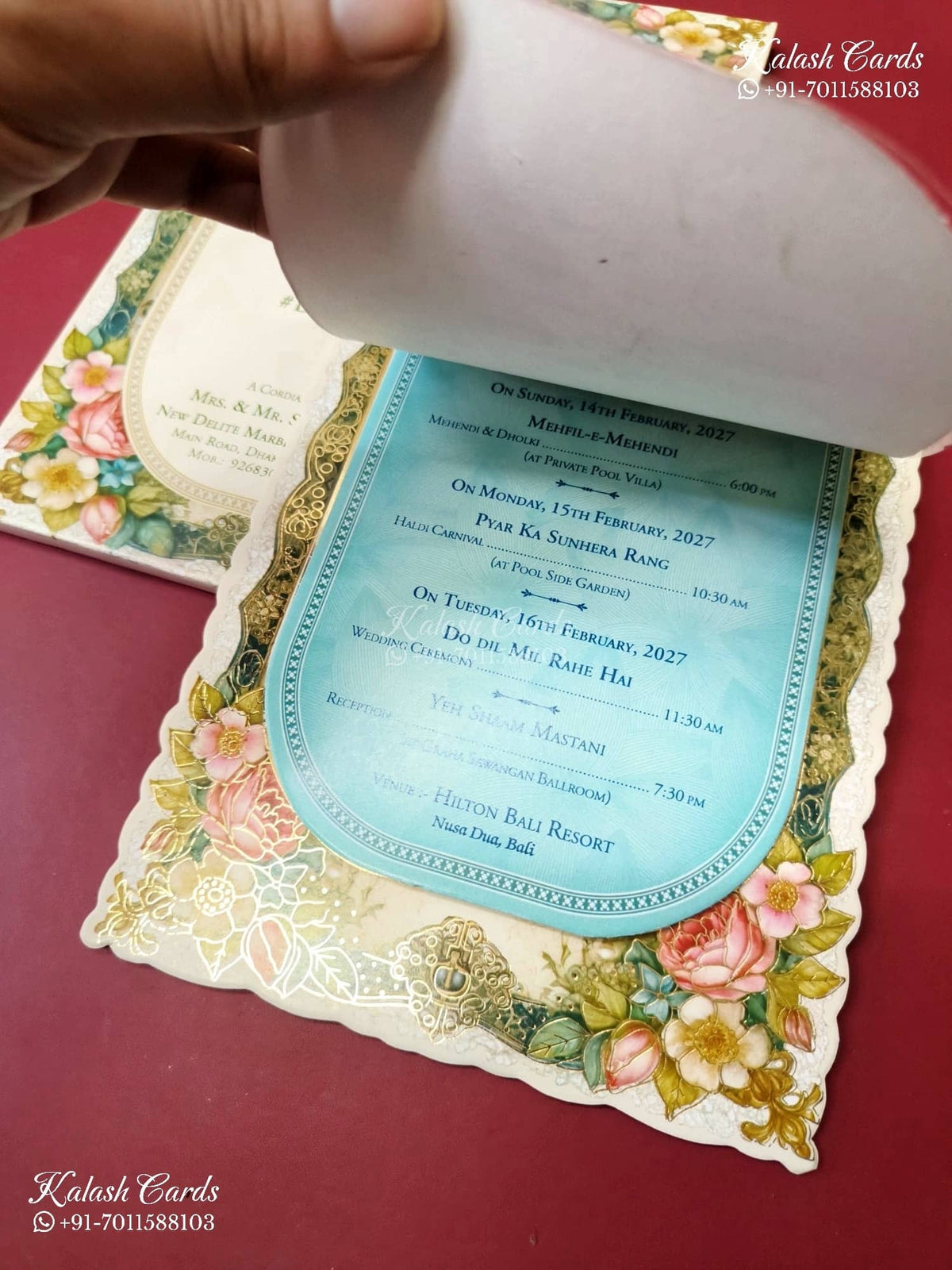 KLB-1295 White Pink Floral Semi Box Wedding Card (2 Page & Transparent PVC)-Kalash Cards