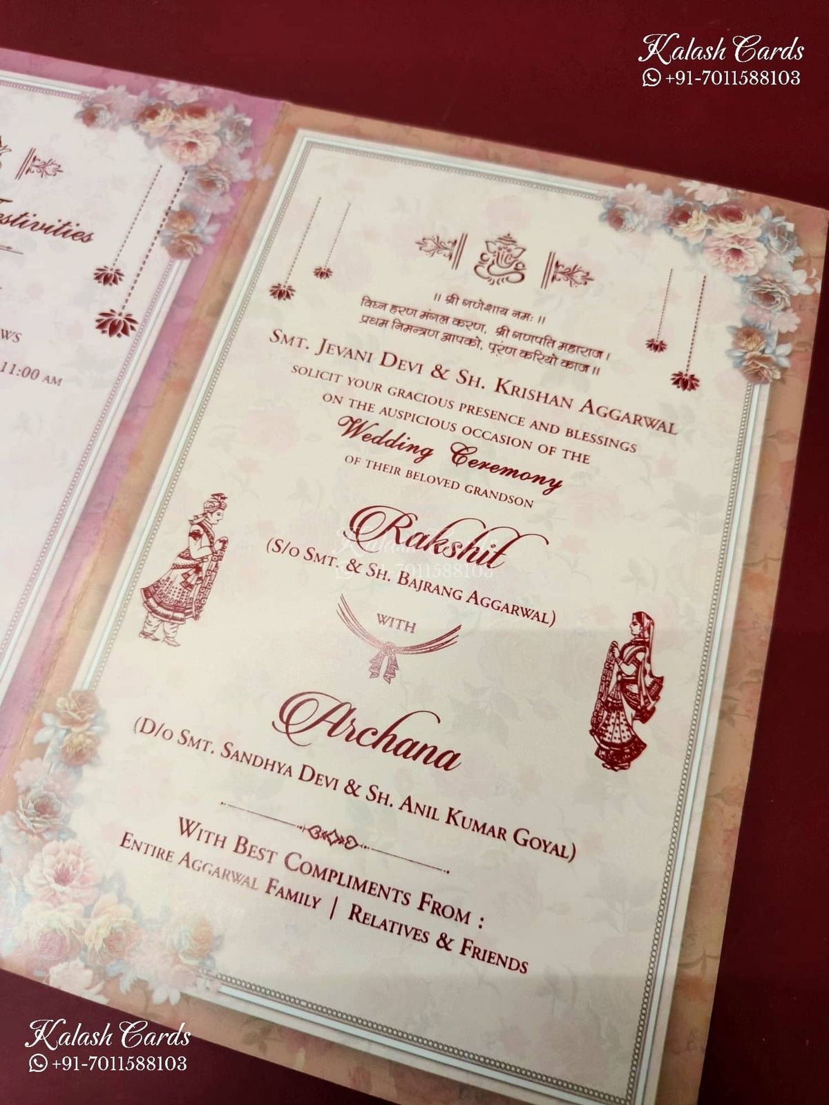 KLB-1296 Blue Pink Rose Floral Semi Box Wedding Card (2 Page)-Kalash Cards