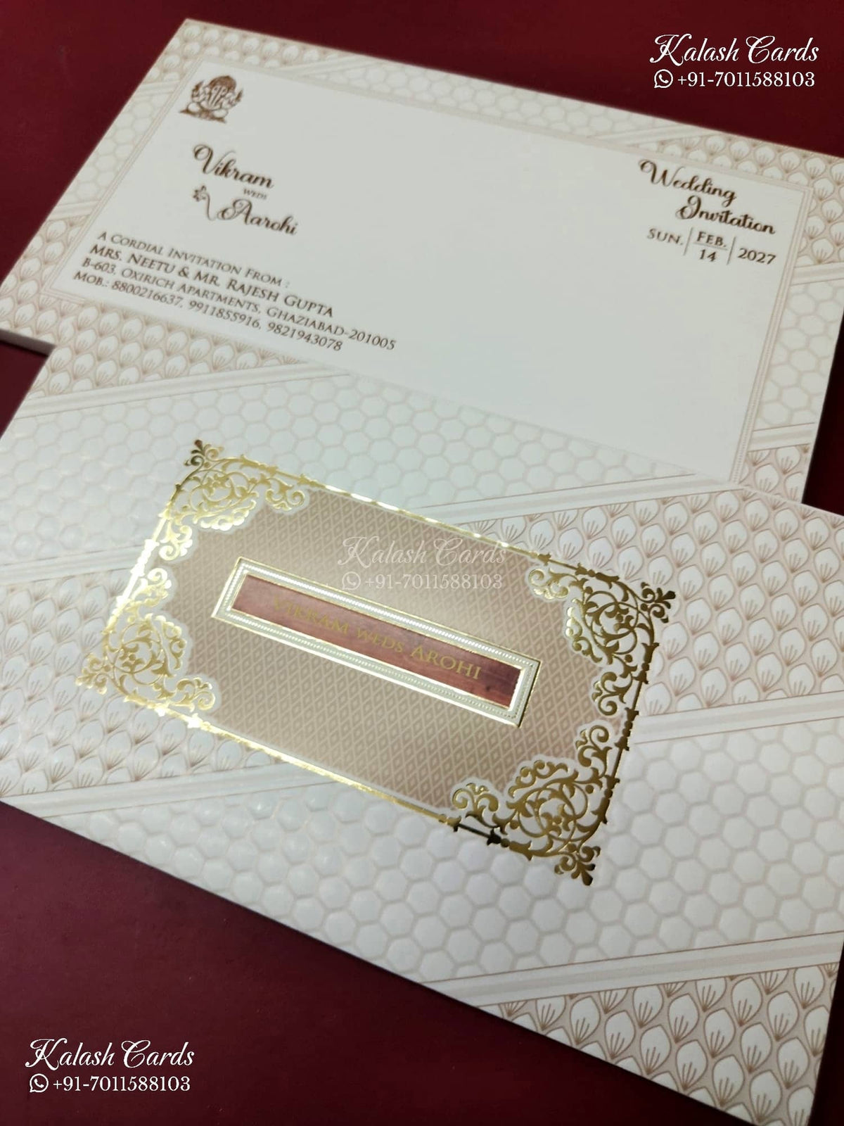 KLB-1297 White Traditional Semi Box Wedding Card (2 Page & Couple Name Wooden Plate)-Kalash Cards